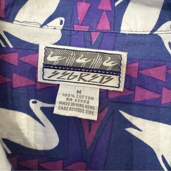 Vintage 90s Segrets Abstract Purple Bird Crane Print Shirt Med - Picture 2 of 8